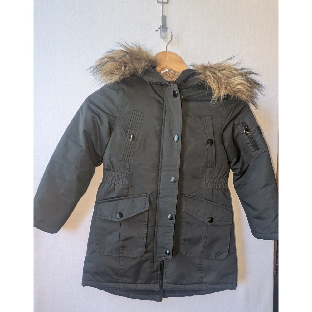 Diesel Kids Black Faux Fur Trim Hooded Parka Jacket Size 6X Sherpa Lined Coat